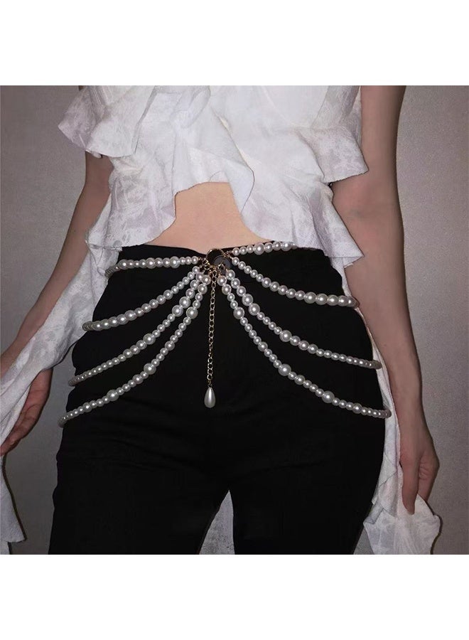 Multi Layered Long Metal Big Pearl Waist Chain Belt Trendy Pearl Waistband White Pearl Tassel Hip Belly Body Chain Festival Rave Waist Belt Sweater Dress Pearl Belt for Women (Gold) - Image 4